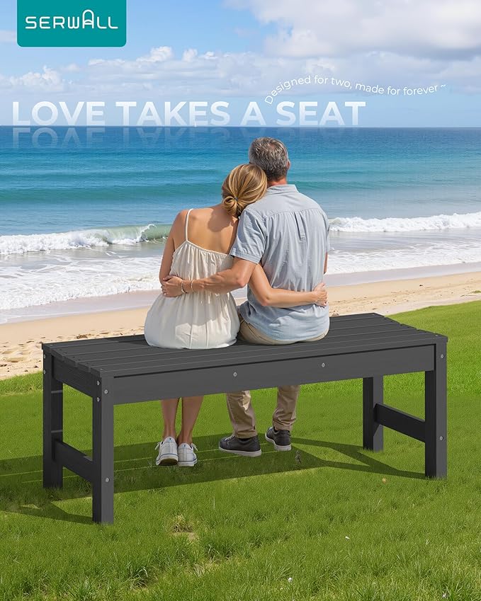 SERWALL 47 Inches Outdoor Bench Set of 2, All Weather HDPE Backless Bench with Wood Grain Texture for Garden Porch and Park, Curved Bench Seat for Comfort, Black