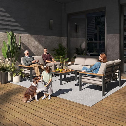 Aoxun Aluminum Outdoor Patio Furniture Set, 7 Seats Outdoor Sectional with Coffee Table, Patio Conversation Sets with Upgraded Armrests and Cushions for Backyard, Garden and Poolside（Grey）