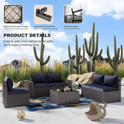 Kullavik 9 Pieces Outdoor Patio Furniture Set,PE Wicker Rattan Sectional Sofa Patio Conversation Sets with Swivel Rocking Chairs Set,Navy Blue