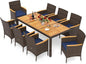 Tangkula 9 Pieces Rattan Outdoor Dining Set for 8, Outdoor Acacia Wood Table Set with 8 Cushioned Wicker Chairs, Umbrella Hole, Patio Dining Furniture Set for Deck Pool Backyard