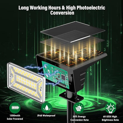 Solar Spot Lights Outdoor with 60 LED & Auto On/Off, 2 Pack Solar Lights Outdoor Waterproof IP68 with 3 Lighting Modes, 2-in-1 Solars Landscape Light for Outside, Garden, Yard(Warm White)