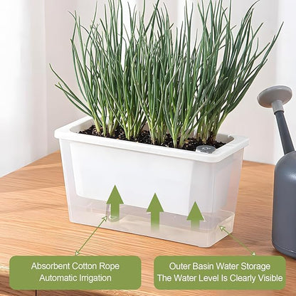 Window Box Planter, 2 Pack 10 Inch Plastic Self Watering Pots for Indoor Plants, Rectangular Flower Pots with Reservoir for Outdoor Indoor Plants Garden Home Decor - White