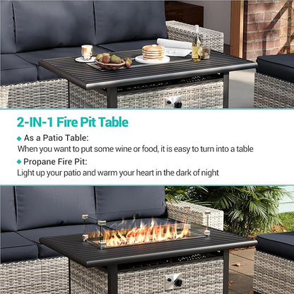 16-Piece Outdoor Patio Furniture Set with Rocking Swivel Chair, PE Wicker Rattan Sectional Sofa Patio Conversation Set with 55,000 BTU Fire Pit Table & Coffee Table, Dark Grey