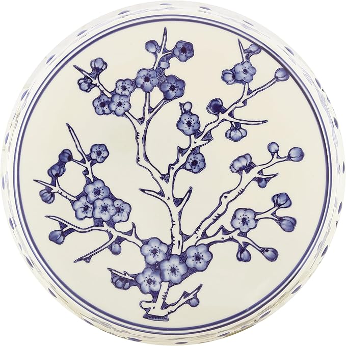 Decorative Garden Stool, Blue and White Ceramic, 16.5-Inch Tall