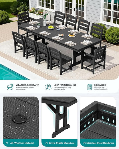 SERWALL 11 Piece Outdoor Dining Set, 84" HDPE Outdoor Table and Chairs for 10，All Weather Patio Furniture Set with Umbrella Hole for Backyard, Garden, Black