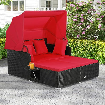 ORALNER Outdoor Daybed, 2-Person Wicker Patio Sofa with Retractable Canopy, Cushions & Pillows, 2 Side Trays, PE Rattan Double Sunbed Lounger for Deck Poolside Backyard Garden Balcony (Red)
