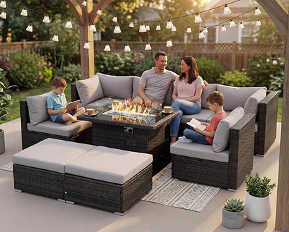 NICESOUL 29.3'' High Back Outdoor Patio Conversation Set with Firepit Natural Gas Propane Convertible, Plus Size Modular Wicker Furniture Couches, 9 Piece Modern Deep Wide Sectional Sofa, Light Gray