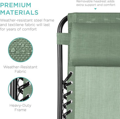 Best Choice Products Set of 2 Adjustable Steel Mesh Zero Gravity Lounge Chair Recliners w/Pillows and Cup Holder Trays - Sage Green