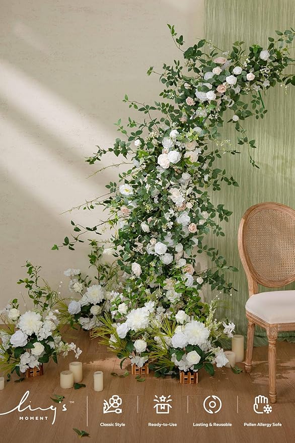 Artificial Flower Garland, 6 ft Eucalyptus Runner in White and Olive