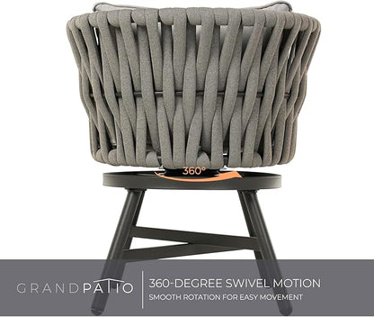 Grand patio Dining Chair Set of 3, Swivel Rope Armchairs with Cushions and Round Side Table with Tile Tabletop, Wicker, Indoor Outdoor Modern Style, Backyard, Balcony, Light Gray Brown