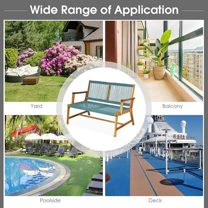 Tangkula 2-Person Patio Acacia Wood Bench Loveseat Chair, Outdoor Patio Acacia Wood Bench in Teak Oil Finish, Patio Loveseat Rope Chair for Balcony Deck Poolside Porch (Turquoise)
