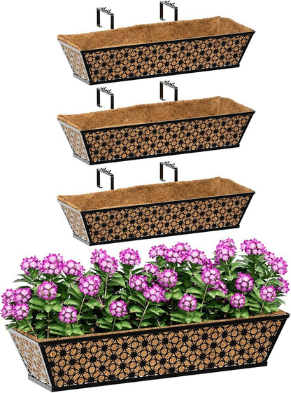 SPECILITE 24" Window Boxes Planters, Heavy Duty Metal Railing Planter Boxes, Adjustable Balcony Planters for Railing Hanging, with Coco Liner & Tool Set for Deck, Porch, and Patio Gardening (4 Pack)