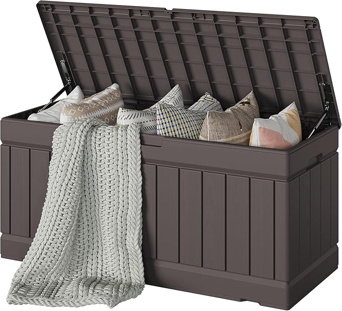 Deck Box Brown Resin Outdoor Storage Bench with Lockable Lid