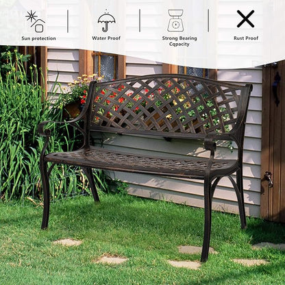 VINGLI 40.5" Patio Garden Bench,Anti- Rust Cast Iron Cast Aluminum Frame for Outdoor Path Yard Lawn Work Entryway Decor Deck (Brown)
