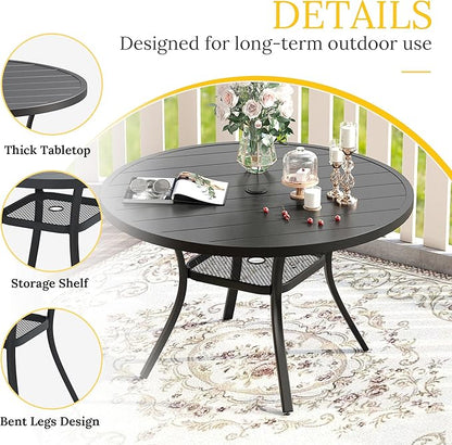VICLLAX 41.2"x 28" Outdoor Round Patio Table for Lawn Garden, All Weather Metal Round Patio Dining Table with Adjustable Umbrella Hole, Patio Table for 4 Person, Black Tabletop