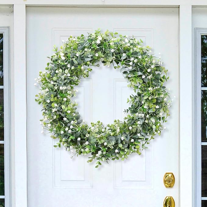 Artificial Plants Greenery Garland, 4 Pack Green Eucalyptus with White Flowers