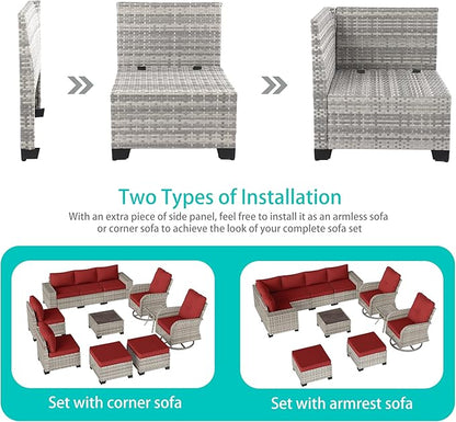 11-Piece Outdoor Patio Furniture Set with Rocking Swivel Chair Wicker Sectional Sofa Set, Patio Conversation Set with Ottomans & Coffee Table for Garden, Backyard, Poolside, Red
