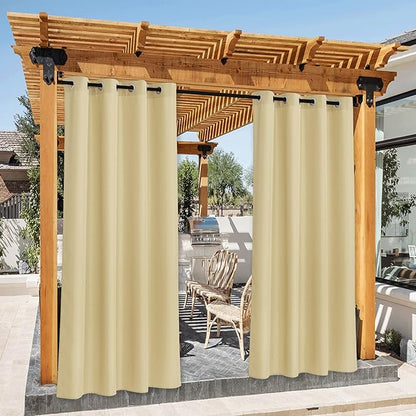 NICETOWN Canvas Patio Curtains Outdoor Waterproof, Rustproof Grommet Durable Thick Privacy Indoor/Outdoor Curtains & Drapes for Porch/Pergola/Cabana, W55 x L95, Light Beige, 2 Panels
