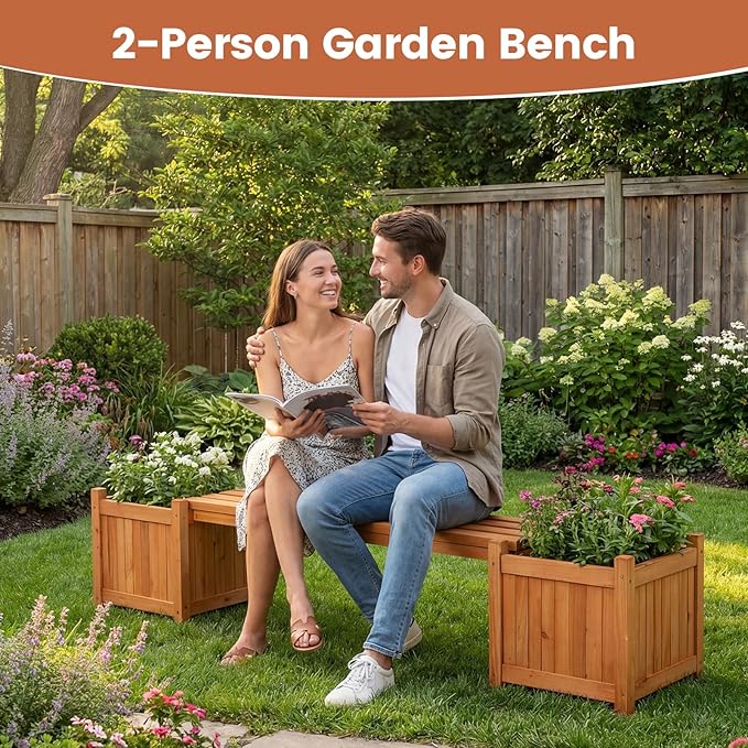 Giantex 4-in-1 Outdoor Bench with 4 Planter Boxes, Wood with Teak Oil Finish, Garden Bench Seat with Raised Garden Beds for Porch Balcony Lawn Yard, DIY Assembly, Orange