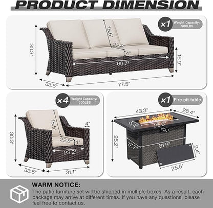 Joyside Wicker Patio Furniture Sets, 6 Pieces Upgraded Large Size Outdoor Furniture with 4 Swivel Rocking Patio Chairs, 3-Seat Sofa, Fire Table,Thick Cushions, Wide Armrest, Beige
