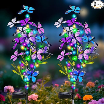 Solar Garden Lights Outdoor, Waterproof 2 Pack Solar Butterfly Lights with 60 LED 12 Butterfly Colorful Lighting for Garden Yard Lawn Outdoor Decor, Gift for Mom Women Mother's Day