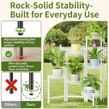 6 Tier Metal Plant Stand, 6 Potted Multiple Flower Pot Holder Shelf, Indoor&Outdoor Folding Planter Display Shelves for Patio Garden, Living Room, Corner Balcony, Bedroom - WhiteWave