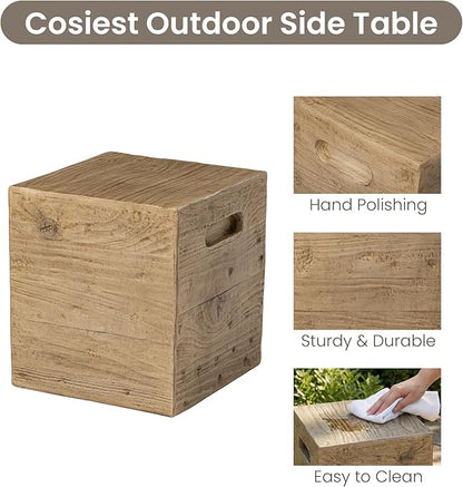 COSIEST Wooden Outdoor Side Table, Square MgO Concrete End Patio Side Table, Lightweight Cylinder Top Plant Stand with Square Base for Garden and Deck