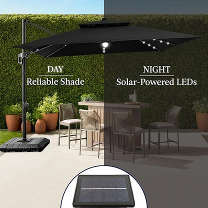 Best Choice Products 12x12ft LED Cantilever Patio Umbrella w/Base Included & 360° Rotation, Large Solar Offset Hanging Outdoor Sun Shade for Deck, Backyard Table w/Stand & Lights – Black