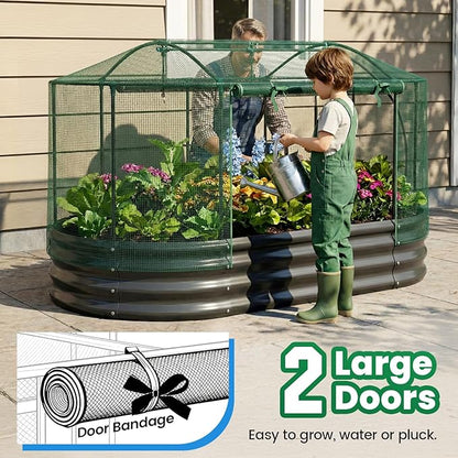 Quictent Galvanized Raised Garden Bed Kit with Self Watering System and Mesh Cover, Large Oval Metal Outdoor Planter Garden Boxes for Vegetables Herbs Flowers, 6x3x1Ft