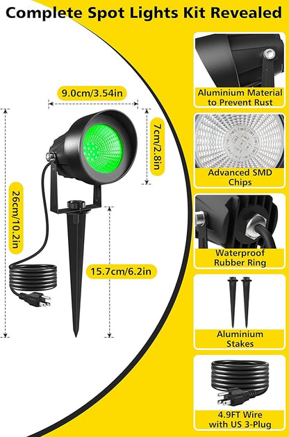 T-SUN Green Spotlight Outdoor, Waterproof LED Landscape Lighting with US Plug, Easy Install 270° Adjustable Outdoor Spot Lights for Garden Tree Yard Decor, 2 Pack