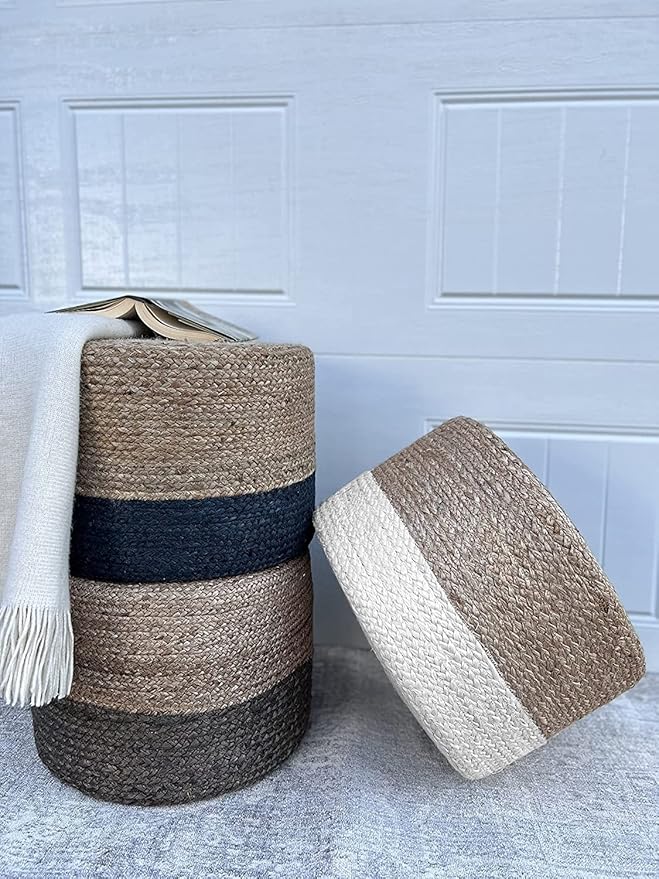 Scandilivin Homes Pouf Ottoman - 100% Jute Braided Footrest Pouf Hand Knitted Traditional Cord Boho Pouffe for Living Room, Bedroom, Nursery, Patio, Lounge Colorblock - Natural Ivory (20”x20”x10”)