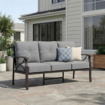 RoyalCraft Patio 3 Seats Sofa, All-Weather Outdoor Couch, Patio Furniture Sofa,Khaki Metal Furniture with Gray Cushions