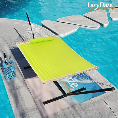 Lazy Daze Hammocks 12 FT Double Quilted Fabric Hammock with Spreader Bar and Detachable Pillow, Two Person Hammocks, 450lbs Weight Capacity (Light Green)
