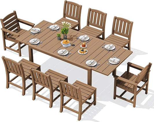 SERWALL 9-Piece Outdoor Dining Set, 60" - 83" Expandable Outdoor Dining Table and 8 HDPE Chairs, All Weather HDPE Outdoor Furniture Set for Backyard, Garden, Brown
