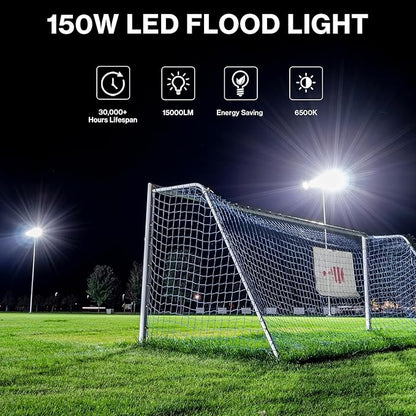 Olafus 2 Pack 150W LED Flood Light Outdoor, 15000LM Super Bright Work Lights Plug in, 6500K, IP66 Waterproof Exterior Floodlight for Stadium Yard Barn