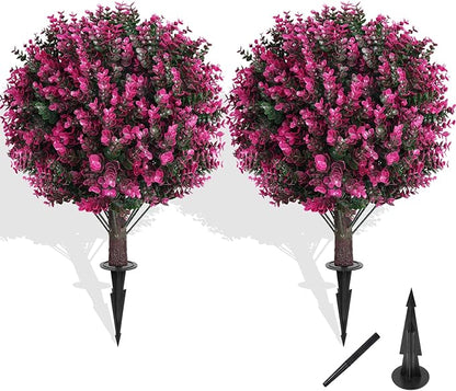 Artificial Topiary Tree with Pink Eucalyptus, Set of 2 Artificial Shrub Bushes with Ground Spike, Fake Evergreen Tree for Porch, Artificial Plants for Outdoor Planters Indoor UV Resist