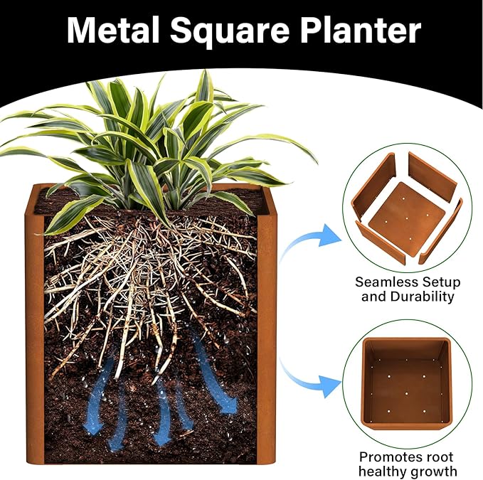 Corten Steel Planter Box 26" L x 26" W x 26" H,Large Metal Square Planter for Outdoor Plants,Metal Cube Flower Pot with Drainage Hole for Porch Hotel Patio Yard