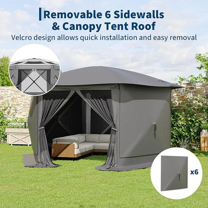 13x13FT 6-Sided Pop Up Gazebo Tent，One-Push Setup Canopy Tent with Removable Canopy Top & Wind Cloths, Outdoor shelter for Camping, Backyard Parties, Outdoor Events - Grey