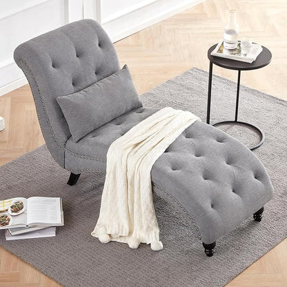 Tufted Soft Chaise Lounge Chair for Bedroom, Linen Rivets Chaise Lounge Indoor, Armless Upholstered Chaise Couch Chair for Living Room with Square Cushions and Solid Wood Legs, Gray