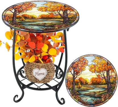 Outdoor Side Table Round Small Mosaic Patio Accent Indoor End Plant Coffee Tea Table for Yard Patio Porch Garden Living Room, Bedroom(Fall Style,14 Inch)