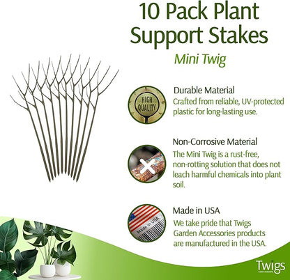 Mini Twigs Plant Support Stakes for Small Plants, Indoor & Outdoor Use, Gardening Supplies, Garden Accessories, Trellis & Ring Alternative, Made in USA - Moonstone, 10 Pack, 12" L
