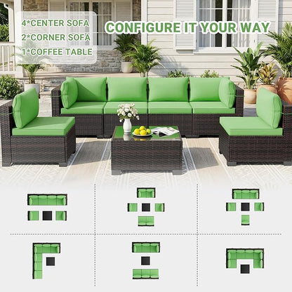 LEVELEVE 7 Pieces Outdoor Patio Furniture Sets,Rattan Conversation Sectional Set,Manual Weaving Wicker Patio Sofa with Tea Table