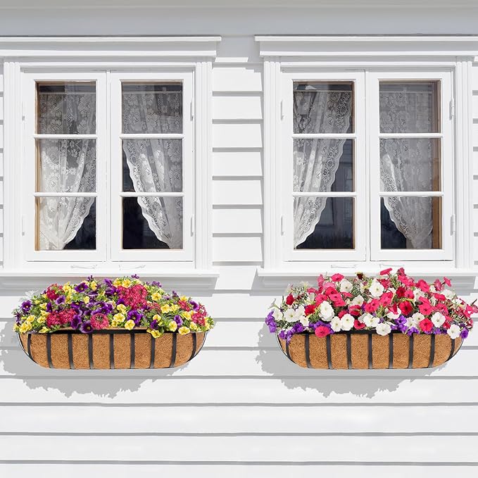 Y&M 2pcs 24 Inch Window Deck with Coco Liner, 24" Window Boxes Horse Trough with Coconut Coir Liner, Black Metal Hanging Flower Planter Window Basket Deck Railing Planter Boxes for Outdoor Indoor