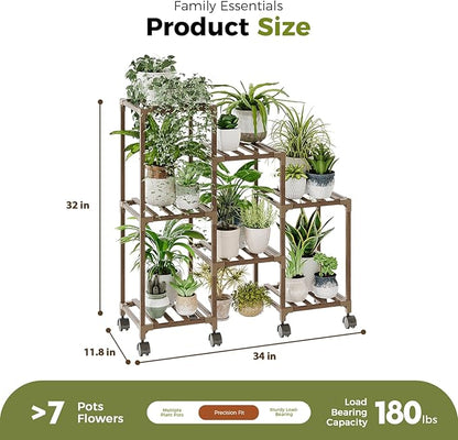 Bamworld Plant Stand with Wheels for Indoor Plants Wood Outdoor Tiered Shelf 3 Tire 7 Potted Ladder Plant Holder Table Pot Stand for Window Garden Balcony Patio Living Room (natureDL)