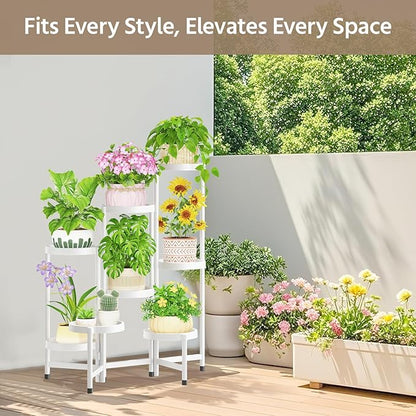 LASZOLA 8 Tiered Folding Plant Stand Indoor for Multiple Large Planter, Tall Heavy Duty Adjustable Rack with Rust Proof Plastic Shelving, Sturdy Vertical Tree Organizer for Narrow Inside Floor, White