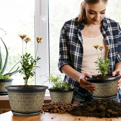 4 Pack 12 Inch Plant Pots,Large-Plant-Flower-Planters-Plastic, Flower Pots Outdoor Indoor with Drainage Holes & Trays, Retro Antique Imitation Decorative Garden Sets for Houseplants