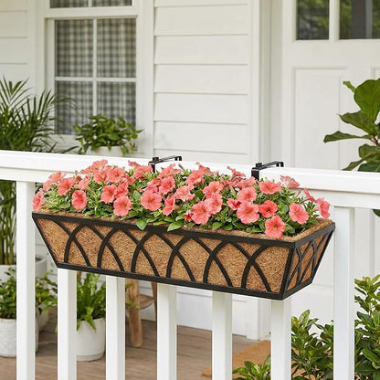 Y&M Planter, 24in Metal Box with Coco Liner, Indoor Outdoor Window/Railing Planter, 2pcs, Black