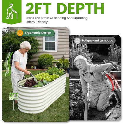 Galvanized Raised Garden Bed Outdoor 24'' Deep | Oval Metal Garden Beds with Easy Assembly & Planter Box for Planting Deep Root Vegetables Fruits Flowers, 6x2x2ft White
