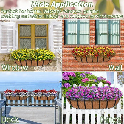 ZeeDix 24 Inch Railing Planter Box, 2 Pack Metal Window Boxes with Coco Liners for Railing, Hanging Flower Boxes for Deck Porch Balcony & Fence Outdoor Indoor Lawn