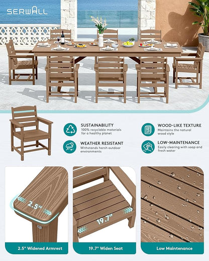SERWALL 9 Piece Outdoor Dining Set, 84" HDPE Outdoor Table and Chairs for 8，All Weather Patio Furniture Set with Umbrella Hole for Backyard, Garden, Brown